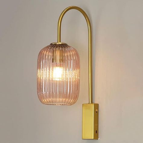 ZALORD Glass Gooseneck Wall Sconce Mid Century Modern Wall Lights Gold Vintage Bathroom Vanity Light with Ribbed Glass Shade Industrial Rustic Wall Lamp for Mirror Bedroom Living Room Hallway - Amazon.com Mid Century Modern Wall Light Fixtures, Mid Century Mirror Gold, Aesthetic Wall Lamp, Mid Century Modern Vanity Lighting, Gold Wall Sconces Bedroom, Mid Century Vanity Light, Art Deco Modern Bedroom, Mid Century Wall Lamp, Vintage Sconces Bedroom