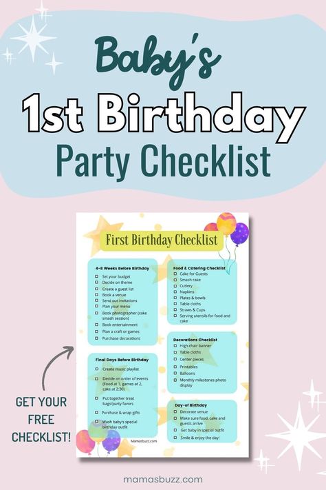 baby's 1st birthday party checklist Planning A 1st Birthday Party, First Birthday Checklist Baby, 1st Birthday Checklist, 1st Birthday Party Checklist, First Birthday Party Checklist, First Birthday Checklist, Baby Book Inscription, Birthday Checklist, 1rst Birthday