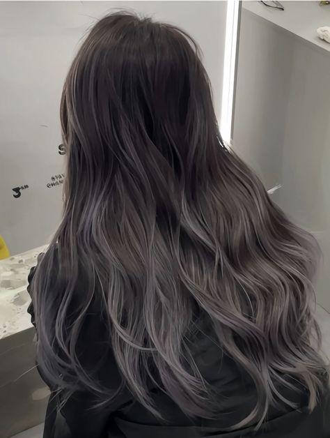 Silver And Brown Hair Highlights, Hair Dye For Round Face, Black With Grey Hair, Asian Mushroom Brown Hair, Korean Hair Color 2024, Graphite Hair Color, Korean Ombre Hair, Grey Highlights Brown Hair, Ash Grey Balayage Asian