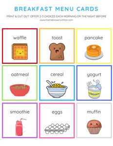 Breakfast Menu Cards for Toddlers and Preschoolers Toddler Menu Printable, Breakfast For Preschoolers, Breakfast Menu For Kids, Breakfast Menu Ideas, Diy Menu Cards, Homeschool Meals, Esl Preschool, Toddler Menu, French Toast Pancakes