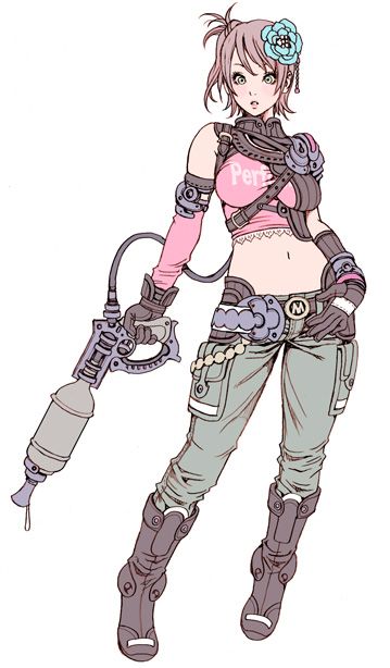 1girl breasts cyberpunk flamethrower flower gloves green_eyes gun midriff navel rose roses shock short_hair surprise surprised weapon white_background yamashita_shun'ya yamashita_shunya Shunya Yamashita, Arte Pin Up, Art Kawaii, Cyberpunk Girl, Punk Girl, Female Character Design, Character Design References, Wild Flower, Anime Kawaii