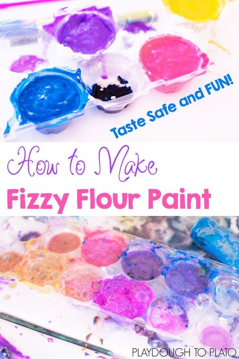 Super simple homemade fizzy flour paint. Just 3 ingredients! You can make it taste safe for babies and toddlers, but it's also great fun for preschoolers and kindergarteners! Flour Paint Recipe, Flour Paint, Mardi Gras Activities, Playdough To Plato, Paint Recipe, Homemade Paint, Watch Kids, Toddler Snacks, Art Activities For Kids