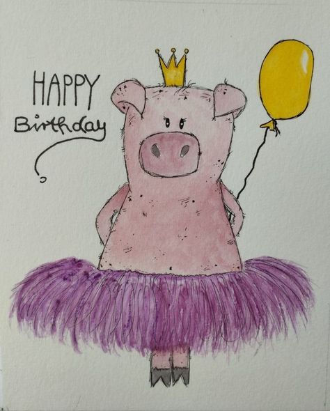 Happy Birthday Pig, Pig Birthday Card, Birthday Pig, Diy Watercolor Cards, Happy Birthday Drawings, Whimsical Art Paintings, Watercolor Birthday Cards, Cute Happy Birthday, Birthday Card Drawing