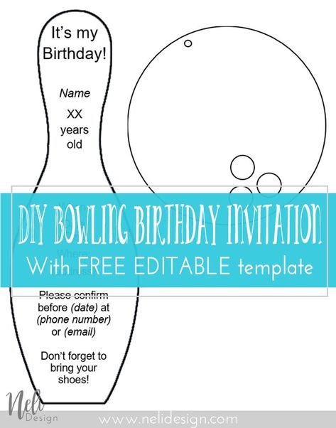 Bowling invitation for a party. Free Printable and it's an editable template. An easy and budget friendly DIY for a kid's birthday. #partyinvitation #birthday #kidsbirthday #bowling #funforkids #bowlingparty #printable #freebies Free Bowling Party Invitations, Diy Bowling, Bowling Birthday Party Invitations, Bowling Invitations, Bowling Birthday Invitations, Bowling Party Invitations, Kids Invitation, Bowling Birthday Party, Bowling Birthday