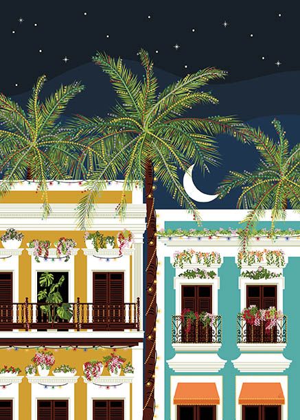 An illustration print of a starry night in old San Juan houses. Perfect to scratch that wanderlust itch. Gallery Wall Design, Puerto Rico Art, Colorful Houses, Old San Juan, A Starry Night, San Juan Puerto Rico, Sunset Art, Spanish Colonial, Night Painting