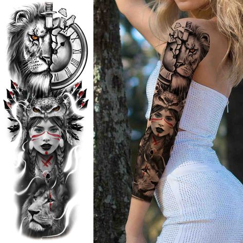 Lion Triangle Tattoo, Tattoos Sleeve For Men, Black Flowers Tattoo, Tiger Flower, Black Skull Tattoo, Tattoos Sleeve, Tattoo Temporary, Arm Temporary Tattoos, Temporary Tattoo Sleeves