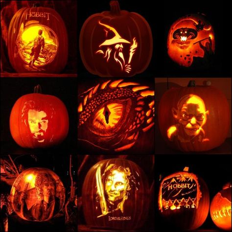 These are AWESOME!! The Hobbit Pumpkin Carving, Hobbit Pumpkin Carving, Lotr Pumpkin Carving Ideas, Hobbit House Pumpkin Carving, Lord Of The Rings Pumpkin Carving, Lotr Pumpkin, Hobbit Pumpkin, Lord Of The Rings Pumpkin, Mcr Halloween