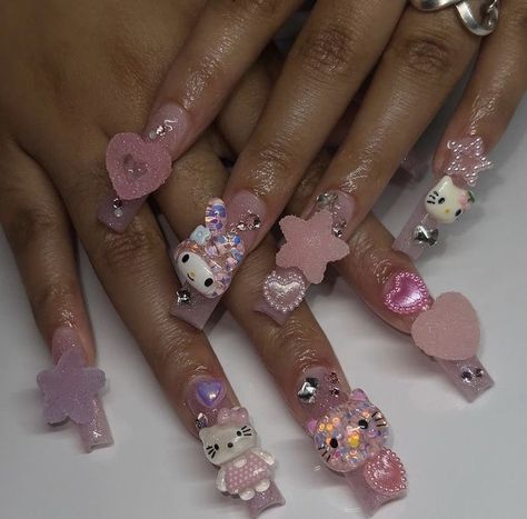 My Melody Short Nails, Cinnamon Roll Nails, Candy Charm Nails, Pink Nails My Melody, Sanrio Nails Acrylic My Melody, Pink Nails Sanrio, Sanrio Jelly Nails, My Melody Nails, Sanrio Gel X Nails