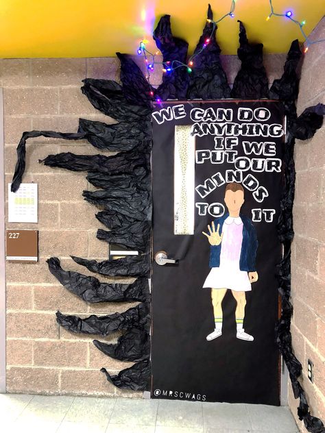 Stranger Things Eleven classroom door decoration. Halloween door decorations. Stranger Things Classroom Theme, Stranger Things Classroom Door, Stranger Things Classroom Ideas, Halloween Door Decorations Classroom High School, Stranger Things Bulletin Board, Stranger Things Classroom, Stranger Things Door Decorations, Scary Door Decorations Halloween, Classroom Door Decorations Halloween