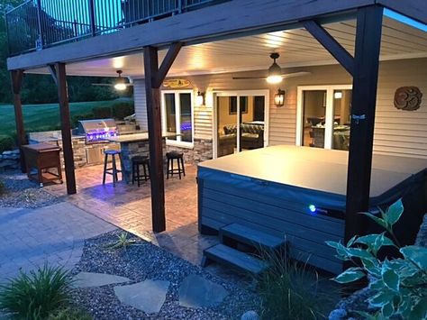 Outdoor Kitchen Under Deck, Walkout Basement Patio, Deck Oasis, Patio Under Decks, Under Deck, Hot Tub Patio, Remodel Diy, Building A Porch, Under Decks