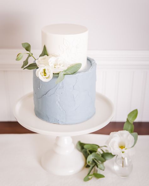 Louisa's Homemades Wedding Cakes | This cake combines rustic charm with classic elegance and I'm in love! Blue is the color for 2020 weddings. This is another photo from my styled shoot with Revel Photo Co. Blue Two Tier Wedding Cake, White Wedding Cake With Blue Accent, Wedding Cakes Color, Dusty Blue Buttercream, Wedding Cake Dusty Blue And Sage Green, Small Dusty Blue Wedding Cake, Rustic Dusty Blue Wedding Cake, Bridal Shower Cakes Blue, Blue Boho Wedding Cake