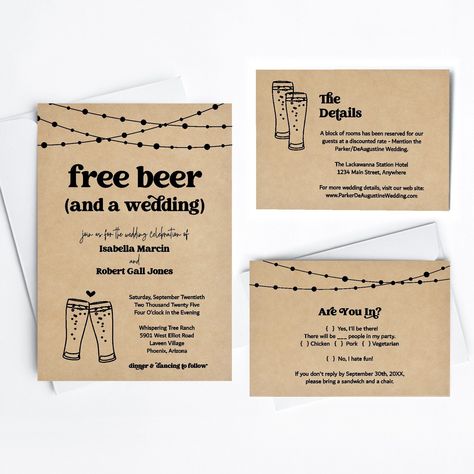 Funny Wedding Invitation Template - Free Beer Fun Brewery Printable Set - Rustic Kraft Paper | Instant Download PDF Suite - Lights Printable Programs, Beer Wedding, Hashtag Sign, Funny Wedding Invitations, Brewery Wedding, Card Templates Printable, Wedding Address, Free Beer, Beer Brewery