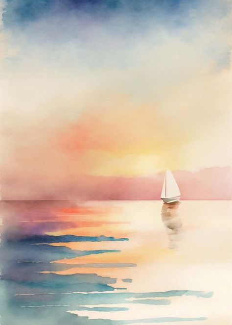 Serenity Sunset Seascape Watercolor With Sailboat. Minimalist Style, Captures Nature's Beauty. - Etsy UK Easy Water Coloring Ideas, Sunset Sea Painting, Sunrise Watercolor Painting, Easy Landscapes, Watercolor Sailboat, Watercolour Sea, Seascape Watercolor, Sunset Paintings, Loose Watercolor Paintings