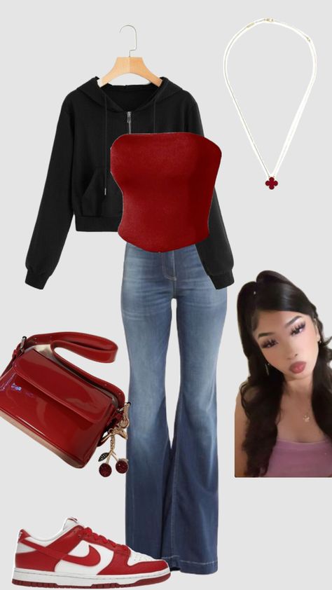 #outfitsforyou #outfitidea #red #black #nike #myfirstreshuffle Red And Black Outfits For School, Red Outfit For School, Red Latina Outfit, Latina Looks Outfit, Baddie School Outfits Highschool, Red Outfits Aesthetic, Quince Outfits, Latina Fits, Red Shirt Outfits