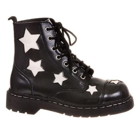 Brand New In Box. Uk 3, Us Women's Size 5. Made Of Shiny Black Leather With Contrast White Leather Star Insets, They Feature A Capped Toe, Black Laces, 1.25" Tall Heels, And White Stitching On The Soles. Note: These Boots Are Fully Lace-Up, No Zippers Here, Just Old-School Punk Style. * From Anarchic By T.U.K. Shoes * Fit Seems To Run Small * Available In Whole Sizes Only * Medium Width * Heel Height: 1.25" Keywords: Dolls Kill, Hot Topic, Dr. Martens, Docs, Yru, Goth, Punk, 90's, Grunge White Lace Boots, Pirate Fancy Dress, Tall Heels, Grunge Boots, Star Boots, Rockabilly Outfits, Punk Boots, Black Combat Boots, Punk Style