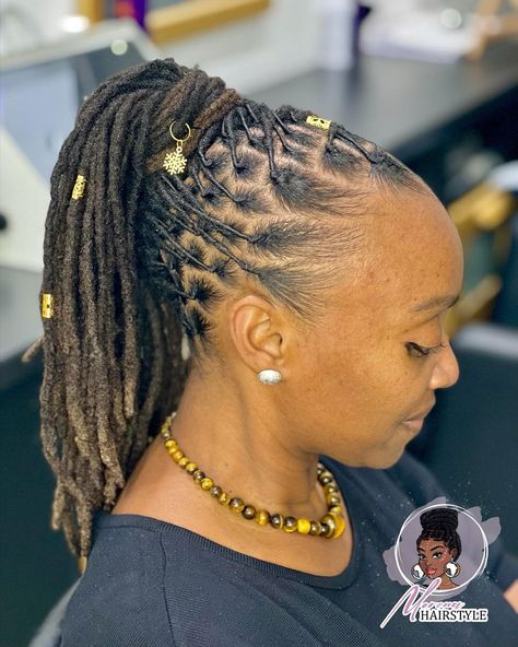 15 Gorgeous Ways to Style Small Locs | NaturallyCurly.com Braided Loc Updo, Weave Ponytail Styles, Latest African Hairstyles, Dreadlock Wedding Hairstyles, Latest Dreadlocks Styles, Dreads Short Hair, Small Locs, Short Dreadlocks Styles, Dreads Styles For Women