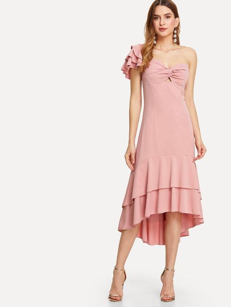 One Shoulder Tiered Ruffle Hem Dress -SheIn(Sheinside) Ruffled Midi Dress, Asymmetrical Midi Skirt, Jcpenney Dresses, Asymmetrical Midi Dress, Dress Attire, New Years Eve Dresses, Semi Formal Dresses, Mauve Dress, Midi Ruffle Dress