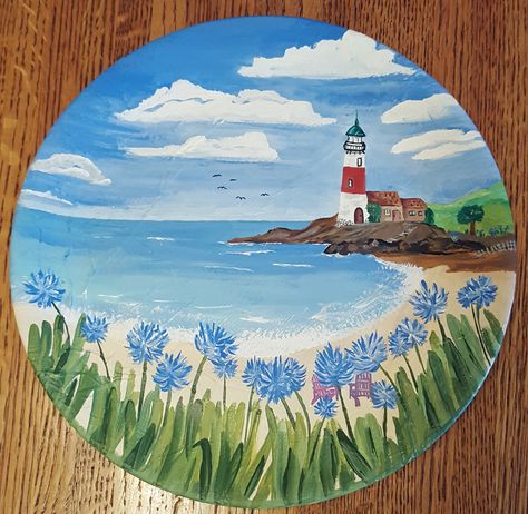 Beach Themed Pottery Painting, Acrylic Paint On Plastic, Watercolor References, Plate Drawing, Plate Painting, Lighthouse Painting, Cute Diy Room Decor, Tanah Liat, Painting Plastic