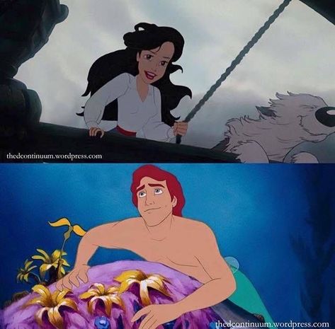 Ha! Would've made an interesting Story. I think Ariel would've had a very different personality. Genderbent Ariel, Gender Bent Disney, Ariel Eric, Ariel And Eric, Gender Bend, Funny Disney Memes, Role Reversal, Disney Memes, Disney Quotes