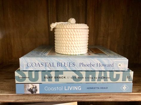 Beach Theme Shelf Decor, Coastal Shelves, Beach Bookshelf, Cowgirl Apartment, Beachy Coffee Table, Coastal Books, Coastal Coffee Table Books, Seashell Bookends, Surf Shack Book