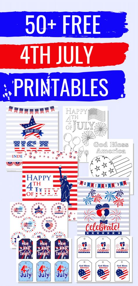 Free Independence Day Party Bundle includes 50+ pages of 4th July Printables including fourth of July coloring pages for kids, 4th July printable party banner, party invites, cake toppers, gift tags, and more! #freeprintables #coloringpages Free 4th Of July Printables, Fourth Of July Printables Free, Patriotic Printables Free, Fourth Of July Printables, Fourth Of July Coloring Pages, 4th Of July Printables, Work Printables, July Stickers, July Coloring Pages