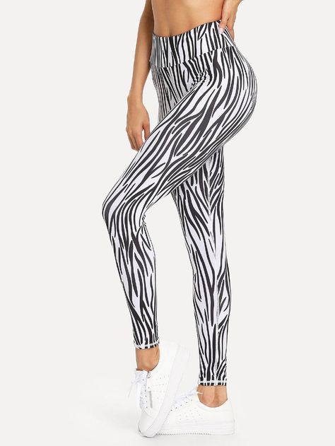 Zebra Pattern Leggings -SheIn(Sheinside) Get Active, Pattern Leggings, Zebra Pattern, Women Leggings, Leggings Pattern, High Street Fashion, High Fashion Street Style, Striped Pants, White Material