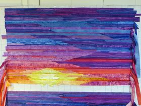 Cathy Geier's Quilty Art Blog: Sunset still in progress Seascape Quilts, National Quilt Museum, Sea Quilt, Landscape Art Quilts, Landscape Quilt, Slowly But Surely, Fabric Postcards, Landscape Quilts, Free Motion Embroidery