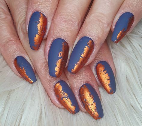 Nails Copper Bronze, Fall Nails Teal And Orange, Blue Copper Nails, Navy Blue And Copper Nails, Navy Blue Orange Nails, Navy Blue And Burnt Orange Nails, Copper And Blue Nails, Copper Almond Nails, Burnt Orange And Navy Nails