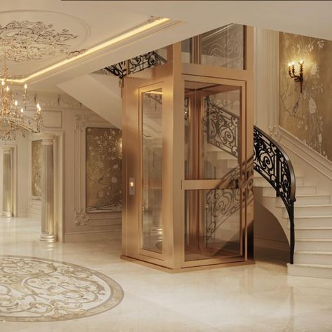 Elevating luxury to new heights in this Villa entry. A symphony of gold tones, white marble, a grand staircase and a touch of innovation with a sleek lift. #anvaridesign #interiordesign #spatialdesign #cgi #villa #luxury #entrance #entrydesign #marble Grand Staircase Entrance, Luxury Entrance, Villa Luxury, Grand Entry, Entry Design, Grand Staircase, Designer Heels, Future House, White Marble