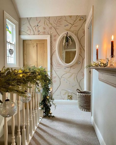 Hall Stairs And Landing Decor Wallpaper, Entrance Hall Wallpaper Ideas, Hall Stairs And Landing Decor, Stairs And Landing Decor, Stair Garland, Landing Decor, Entrance Hall Decor, Hall Stairs And Landing, 1st Of December