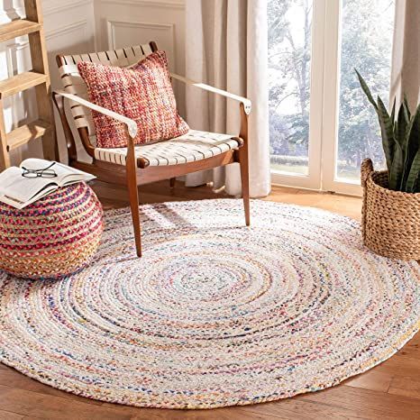 Safavieh Braided Collection BRD210B Handmade Boho Reversible Cotton Area Rug, 4' x 4' Round, Ivory / Multi Cottage Rugs, Eclectic Area Rug, Kitchen Area Rugs, Casual Decor, Braided Rug, Country Living Room, Cotton Area Rug, Sisal Rug, Rag Rug