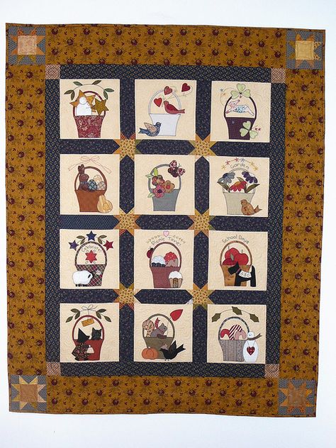 A Tisket, A Tasket by Bunny Hill  Finished 11/2010 by Diane'sQuilting, via Flickr embroidered one like this Basket Quilt Blocks, Applique Birds, Vintage Quilts Patterns, Jelly Roll Quilt, A Tisket A Tasket, Improv Quilts, Basket Quilts, Appliqué Quilts, Wool Work