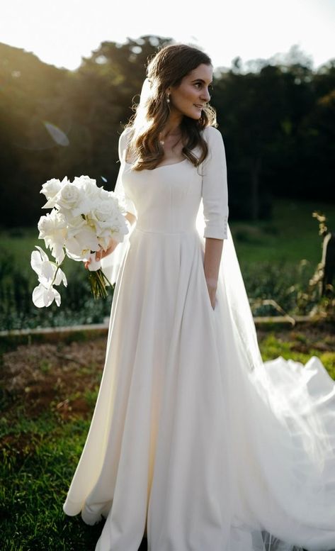 Long Sleeve A Line Wedding Dress Simple, Modest Plain Wedding Dresses, Classic Wedding Dress Timeless Classy Modest, Simple Form Fitting Wedding Dress With Sleeves, Long Sleeve Lace Wedding Dress Modest, Long Sleeve Sweetheart Wedding Dress, Modest Summer Wedding Dresses, Wedding Dresses Christian Bride, Timeless Wedding Dress Modest