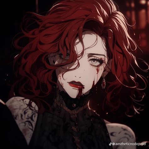 Red Haired Female Oc, Vampire Anime Female, Black Hair Red Eyes Character Design, Red Devil Aesthetic, Vampire Red Hair, Red Hair Vampire, Black Hair And Red Eyes Anime Woman, Red Hair Vampire Art, Anime Vampire Female Red Hair