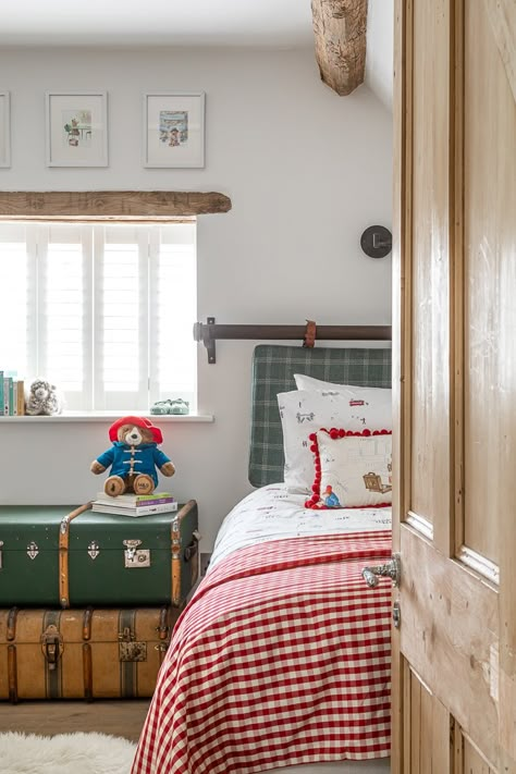 Cotswolds Cottage | Cotswold Interior Design | Lara Clarke Interiors Headboard Fabric, Country Cottage Interiors, Children's Bedroom Ideas, Whimsical Bedroom, Mulberry Home, Vintage Trunks, Bedroom Red, Paddington Bear, Interiors Dream