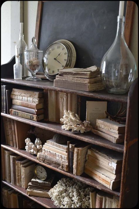 Antique Book Display, Farmhouse Parlor, Old Shelves, Beach Library, Antique Farmhouse Decor, Rustic Bookshelf, Rustic Bookcase, Provincial Home, Library Inspiration