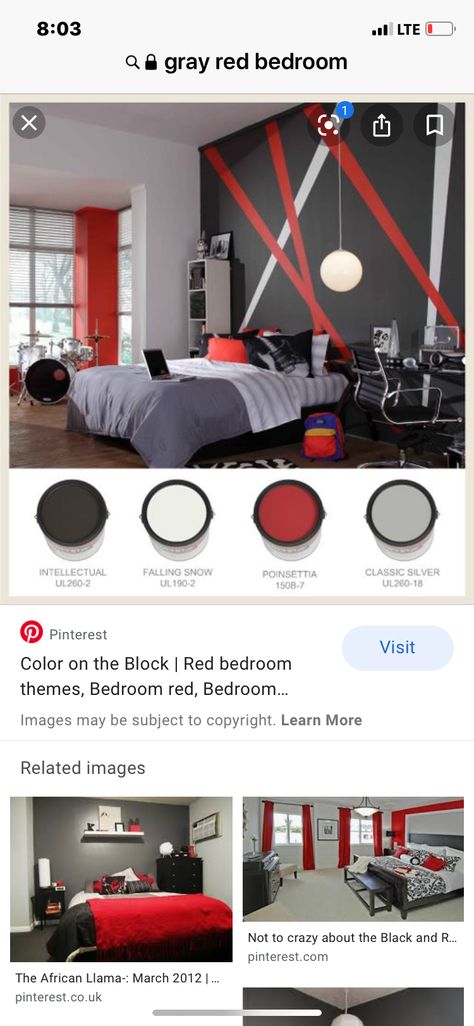 Red Black White Gray Bedroom, Boys Red Bedroom Ideas, Black And Red Boys Bedroom, Gray Red Bedroom, Red Accent Wall Bedroom, Boys Bedroom Red Accessories, Red Accent Wall Bedroom Boys, Black Boy Room, Red Boys Bedroom