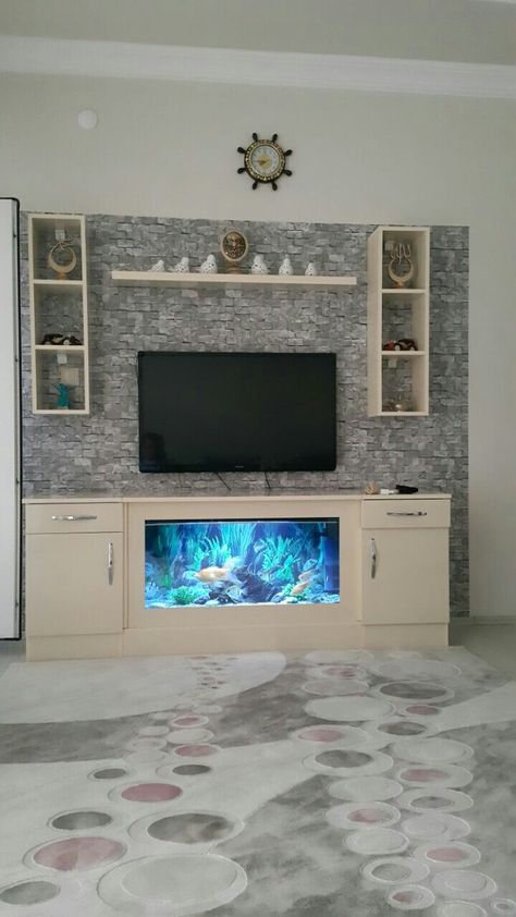 Corner Aquarium, Fish Tank Wall, Wall Aquarium, Tv Unit Design Modern, Fish Tank Design, Appartment Decor, Home Aquarium, Tv Wall Decor, Aquarium Design