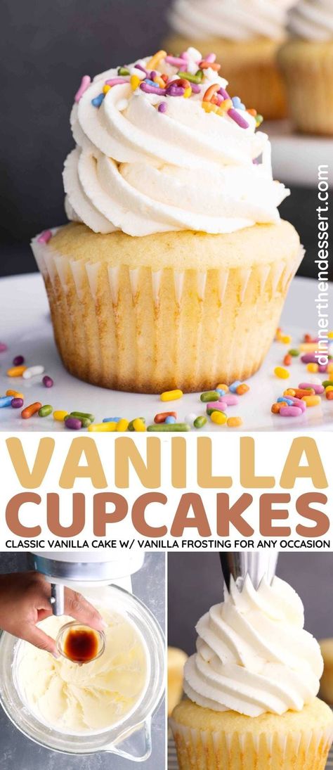 Vanilla Cupcakes with Vanilla Frosting are super moist, light, and fluffy cupcakes packed with vanilla flavor. These kid-friendly sprinkle-covered delights are a perfect party dessert! Cupcakes Recipes Easy, Best Vanilla Cupcake Recipe, Recipes Cupcakes, Easy Vanilla Cupcakes, Cupcake Recipes From Scratch, Fluffy Cupcakes, Easy Cupcake Recipes, Vanilla Cupcake Recipe, Cupcakes Recipes