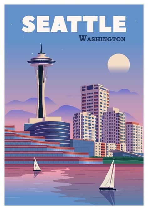 Seattle • Washington ~ NickVectorStudio Seattle Poster, Seattle Travel, Travel Poster Design, Colorado Vacation, Retro Travel Poster, City Illustration, Travel Illustration, Vintage Poster Art, Refrigerator Magnet