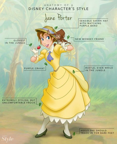 Anatomy of a Disney Character's Style - Jane Porter Funny Disney Costumes, Disney Jane, Funny Disney Characters, Disney Heroines, Disney Characters Costumes, Disney Inspiration, Tarzan And Jane, Jane Porter, Disney Costume