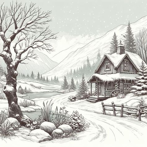 Winter Drawings Pencil, Christmas Sketches Easy, Winter Scenery Drawing, Snow Window, Drawing Buildings, Christmas Sketch, Christmas Window Painting, Winter Drawings, Art Periods