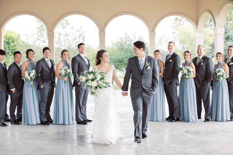 This image is from Azazie's Facebook page. Dark Grey Groomsmen, Light Blue Bridesmaid Dresses, Dusty Blue Bridesmaid, Light Blue Bridesmaid, Groomsmen Grey, Wedding Bridesmaids Dresses Blue, Champagne Bridesmaid Dresses, Dusty Blue Bridesmaid Dresses, Navy Bridesmaid Dresses