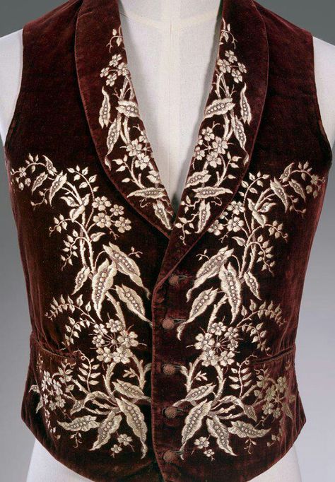 love the chocolate velvet and beautiful embroidery on this mens vest.  I would wear it. 1850s Fashion, Velvet Vest, Australian Fashion Designers, 19th Century Fashion, Retro Pin Up, Century Clothing, Antique Clothing, Mode Masculine, Styl Retro