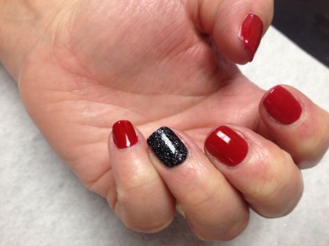 Red with black glitter accent nail Oasis Salon and Spa Mill Hall Pa (570)726-6565 Red Nails With Black Glitter, Nails With Black Glitter, Red Nails With Black, Nails With Black, Glitter Accent Nails, Accent Nail, Accent Nails, Black Glitter, Red Nails