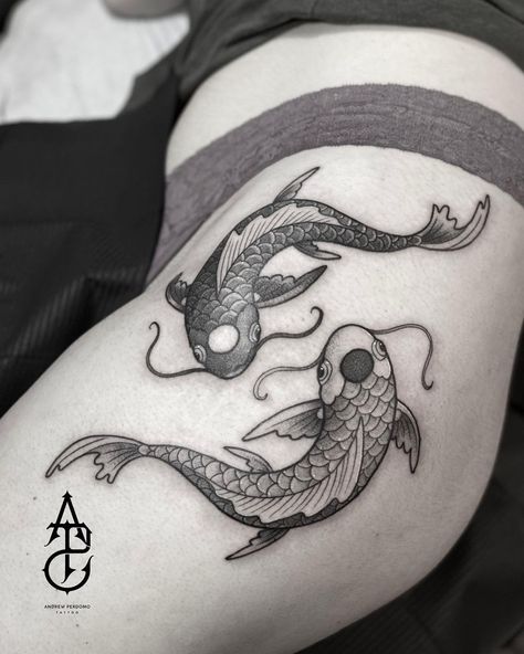 Koi Fish Tattoo Ideas, Fish Tattoo Ideas, Ocean Theme Tattoos, Koi Fish Tattoos, Miscellaneous Tattoos, Black Koi Fish, Japanese Koi Fish Tattoo, Atla Tattoo, Coy Fish