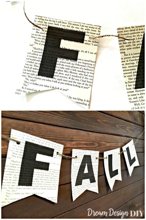 Book Pages Fall Banner - Dream Design DIY Library Scanner Decoration, Craft Paper Banner, Paper Banner Diy, Fall Library Displays, Recycled Book Crafts, Fall Library, Book Decorations, Book Banner, Book Page Garland