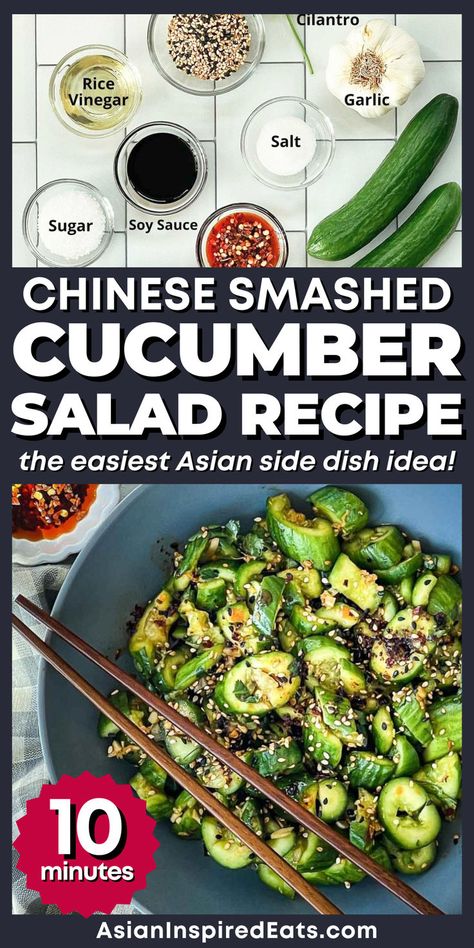 a bowl of smashed cucumber slices with chopsticks and sesame seeds and green onions Chinese Side Dishes, Smashed Cucumber, Smashed Cucumber Salad, Salad Making, Hot Chili Oil, Asian Side Dishes, Healthy Chinese, Asian Cucumber Salad, Cucumber Salad Recipe