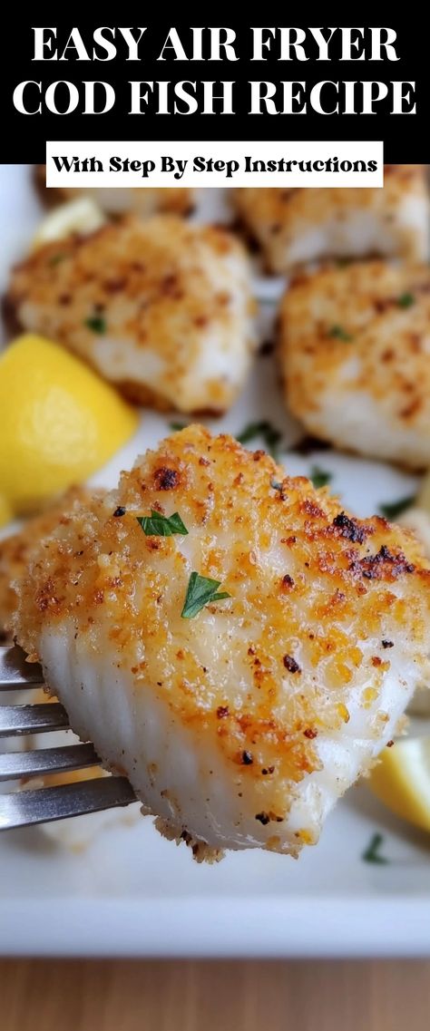 Image for Easy Air Fryer Cod Fish Recipe Cod Fish Pasta Recipes, How To Make Cod, Easy Cod Recipes Air Fryer, Cod Fish Recipes Easy, Air Fried Cod Fish Recipes, Mediterranean Cod Recipes, Cod Fish Recipes Oven, Healthy Cod Fish Recipes, Air Fryer Cod Fish