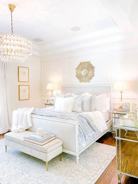 Glam Bedroom Mini Makeover Feminine Glam Bedroom, Mast Bedroom Inspiration, Greece Inspired Bedroom, Mirrored Furniture Bedroom, Mirror Bedroom Furniture, Preppy Rooms, Glam Bedroom Ideas, Apartment Bedrooms, Room Pics